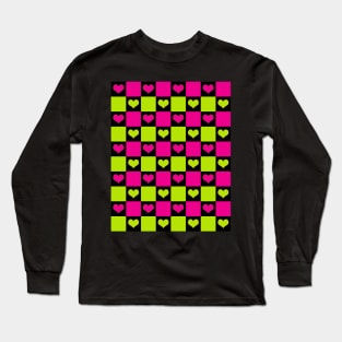 Checkerboard Hearts in Lime Green, Hot Pink and Black Long Sleeve T-Shirt